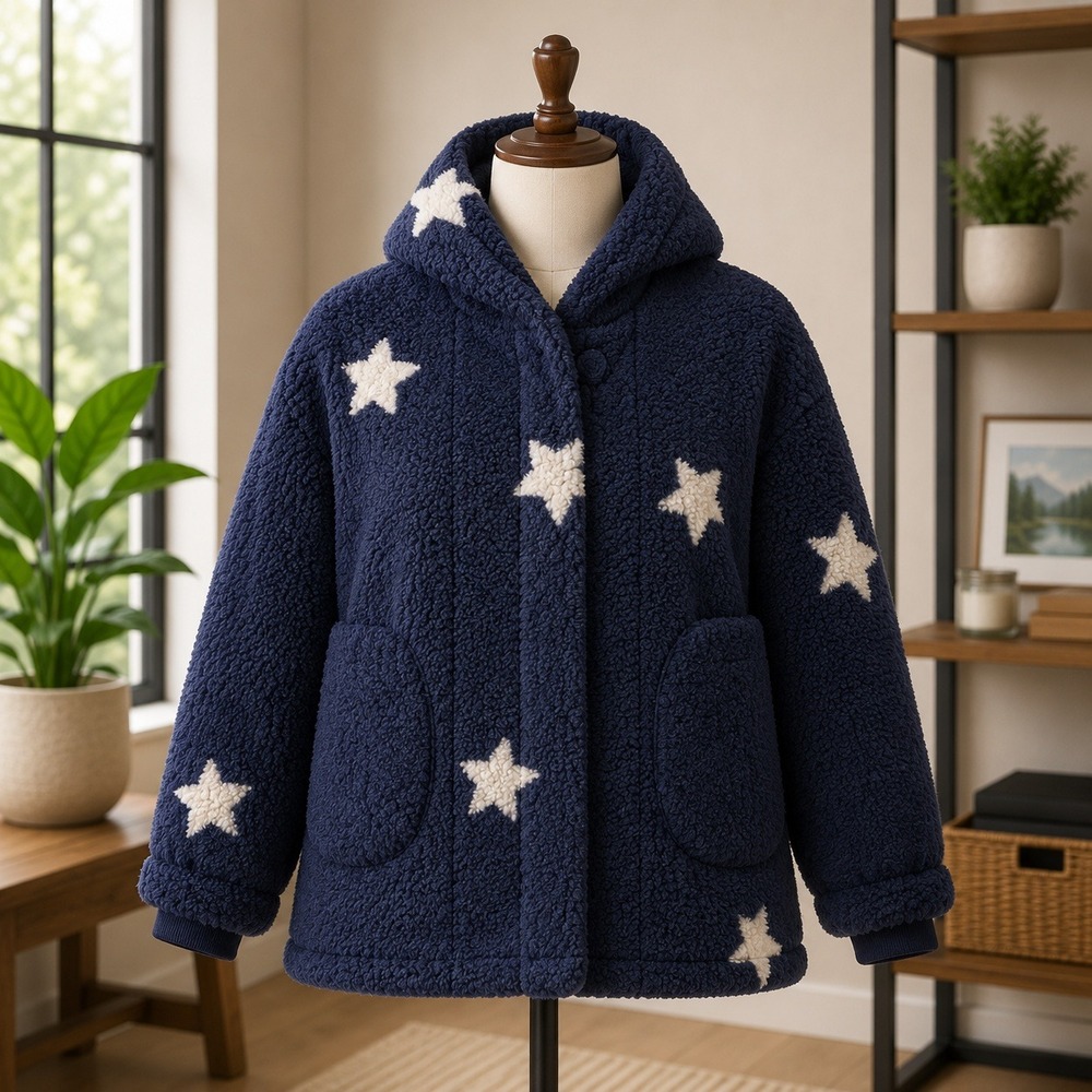 Jill Martin Sherpa Star Lounge Hoodie  Petite XL/1X Navy Blue Oversized Cardigan